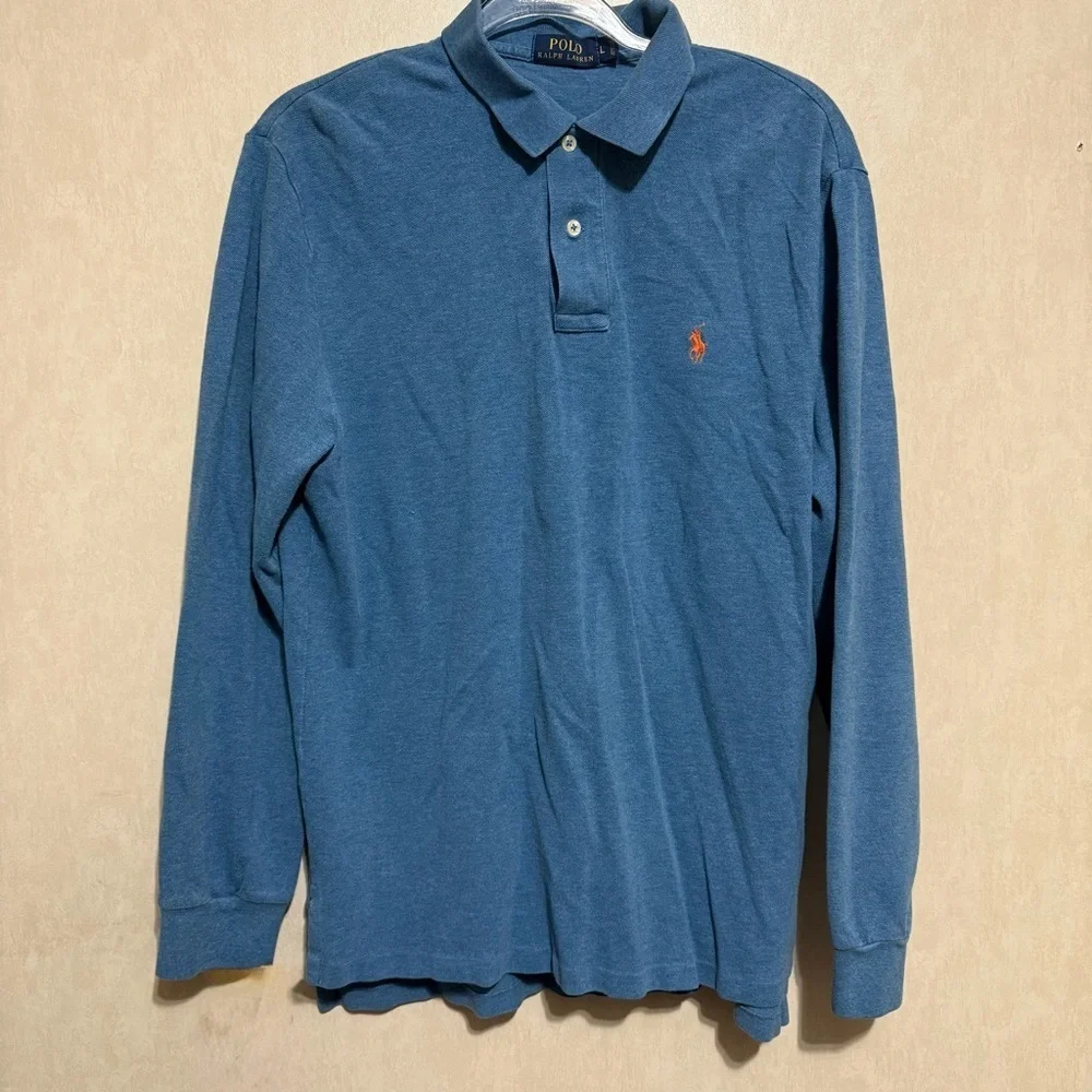 Polo Ralph Lauren Blue Orange Pony Cotton Long Sleeve Polo Shirt